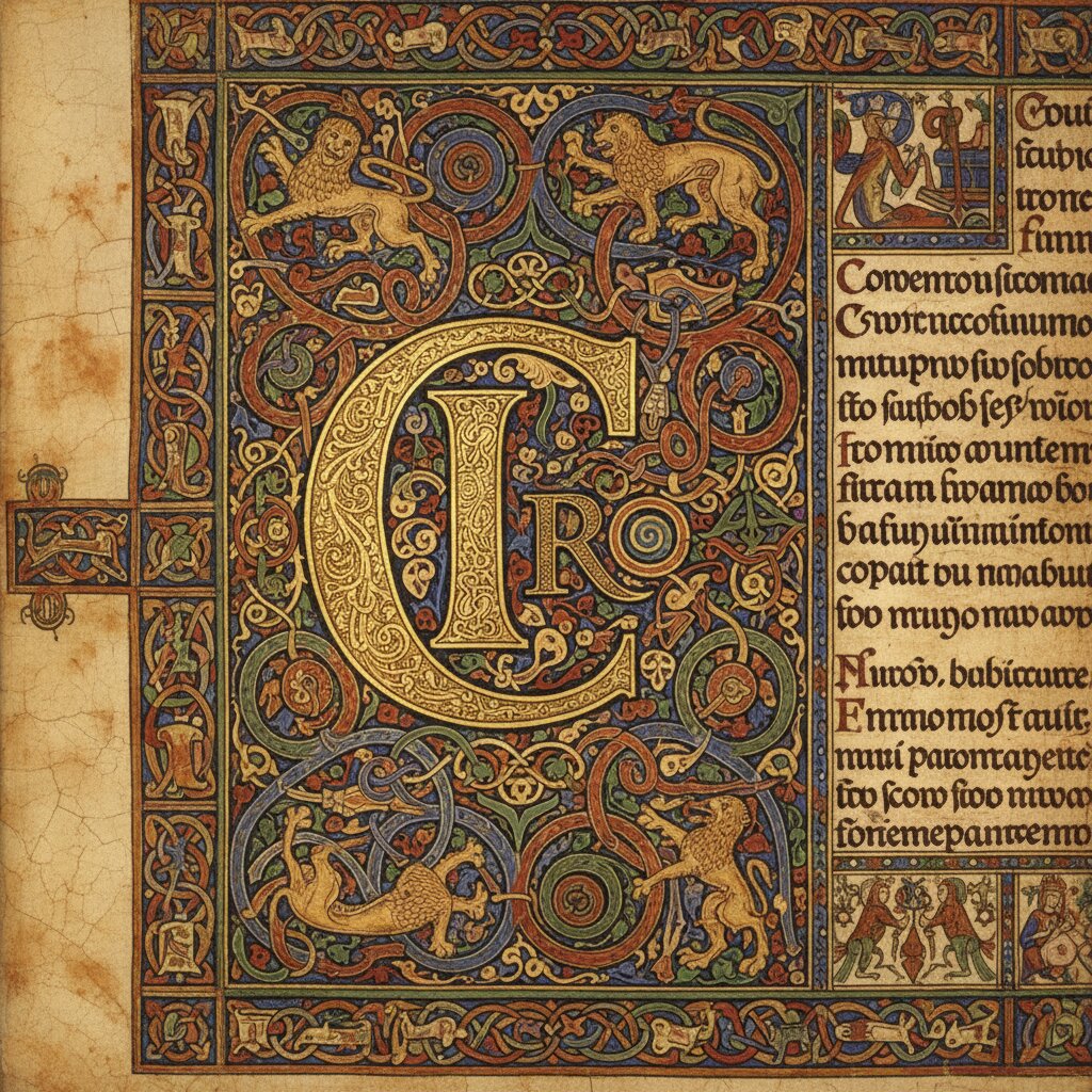 An illuminated manuscript page from the Codex Polonaise — an accordion at the center of swirling gold-leaf knotwork
