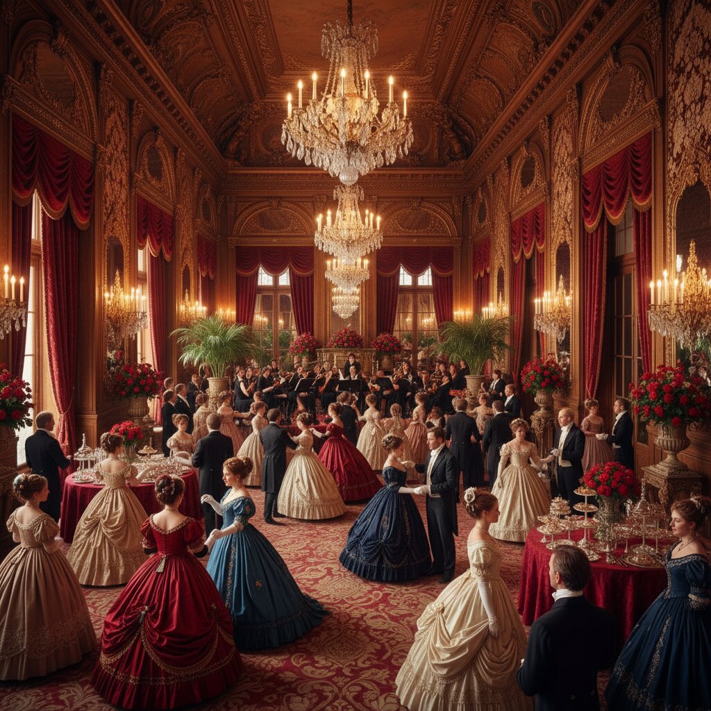 A grand Parisian ballroom in 1840, dozens of couples mid-polka under chandeliers