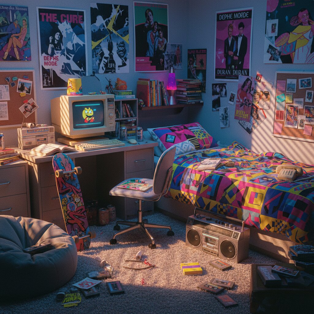 A vivid 1980s teenager's bedroom — neon-pink walls, a boombox on the floor, cassettes scattered everywhere