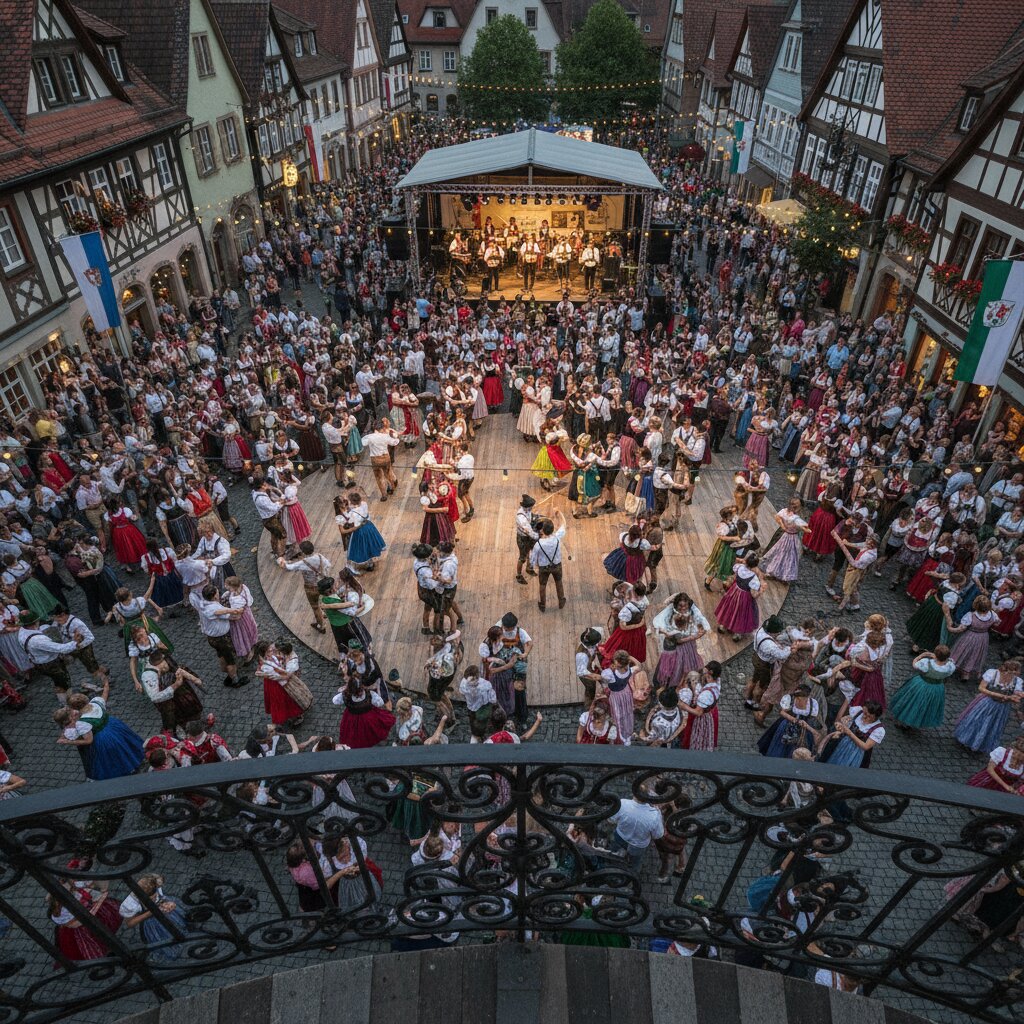 A balcony view of a packed polka dance floor in a half-timbered town square at dusk