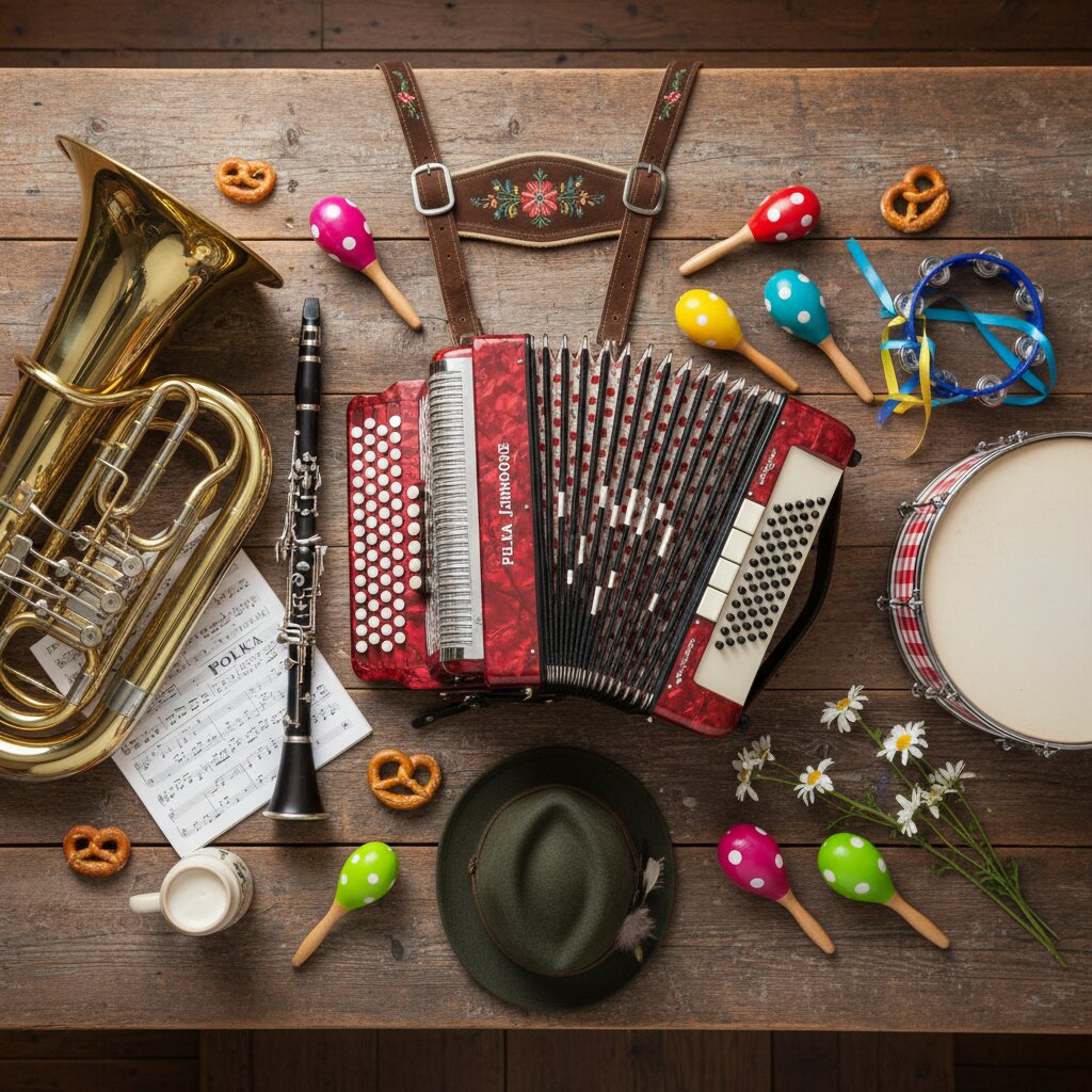 Polka instruments laid out on a checkered tablecloth