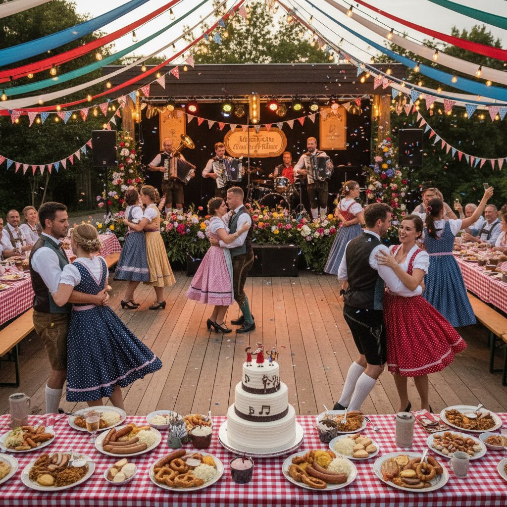 A Bavarian-style polka reception in full swing, couples dancing in dirndls and lederhosen, live band on stage